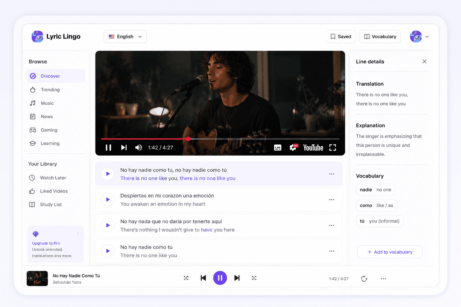 Lyric Lingo dashboard: video with dual subtitles and learning tools