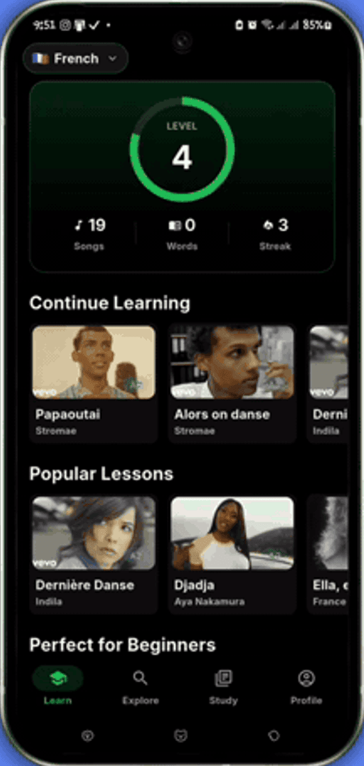Lyric Lingo home screen showing level progress, lessons in progress and popular songs